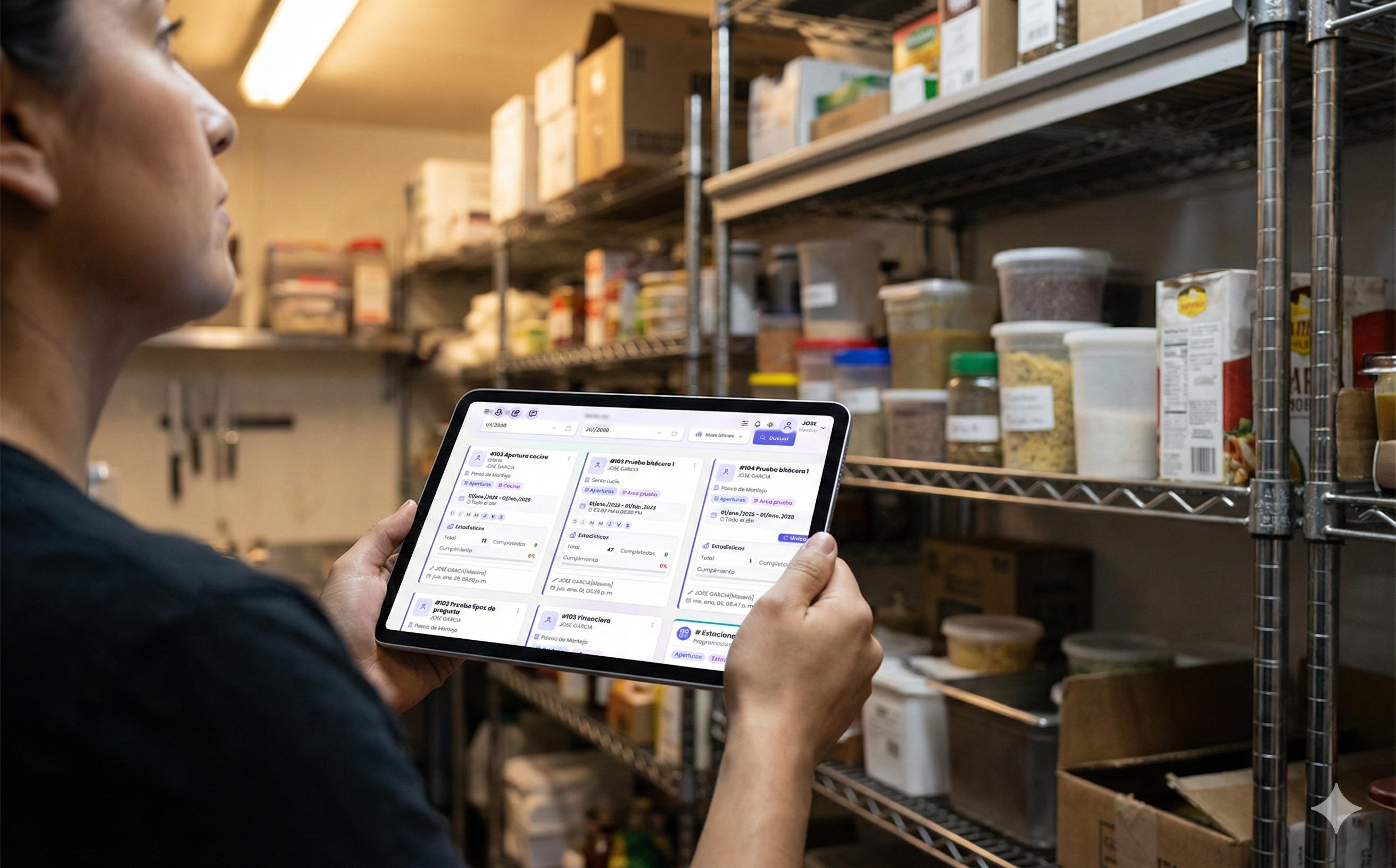 Empleado revisando anaquel con celular