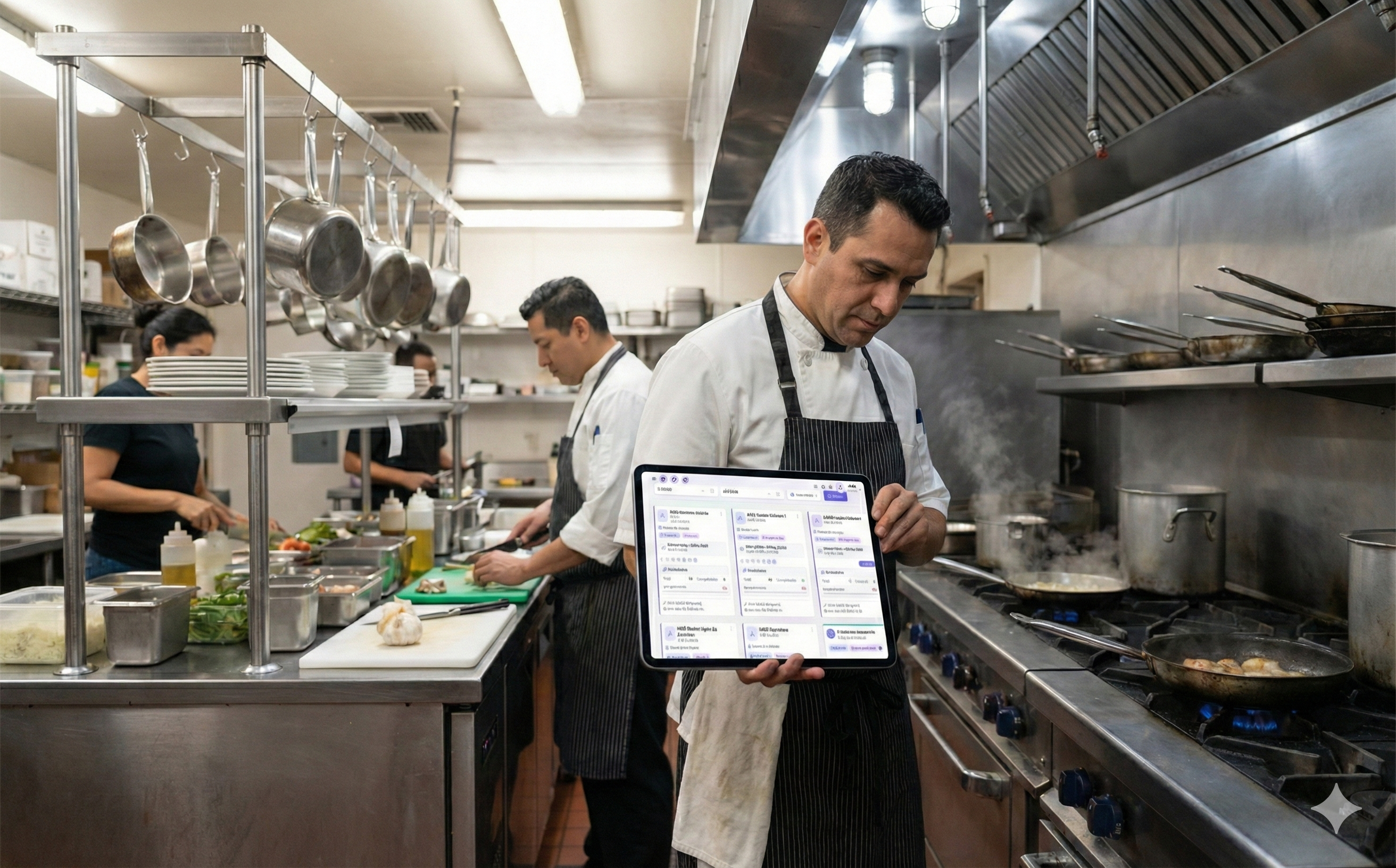 Chef usando tablet en cocina
